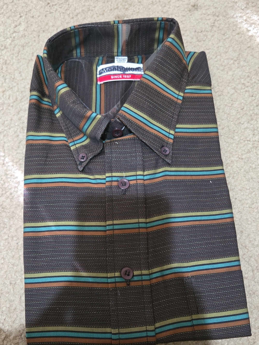 Men's Striped Button-Down Shirt in Brown with Teal & Tan Accents